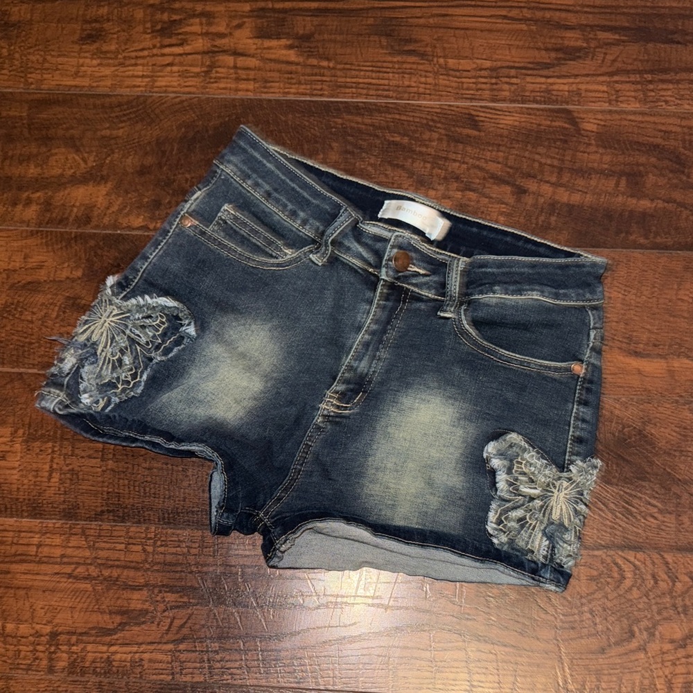 BAMBOO Dark Blue Jean Shorts with Distressed Details